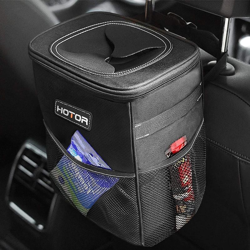 Photo 1 of HOTOR Car Trash Can with Lid and Storage Pockets - 100% Leak-Proof Organizer, Waterproof Garbage Can, Multipurpose Trash Bin for Car, 2 Gallons, Black