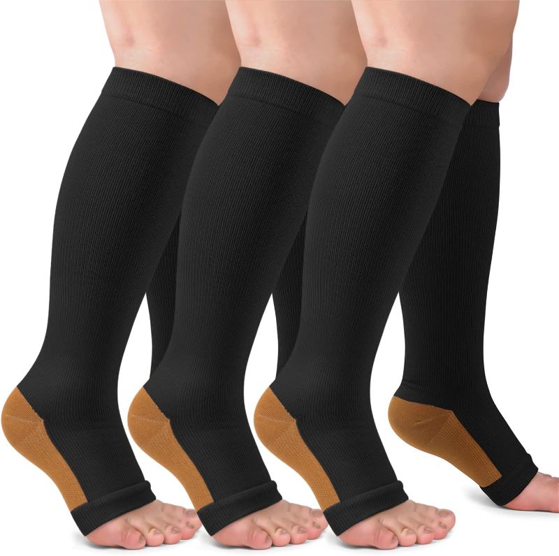 Photo 1 of 3 Pack Copper Compression Socks for Women & Men, 20-30mmHg Open Toe Knee High Stockings for Circulation Support l/xl
