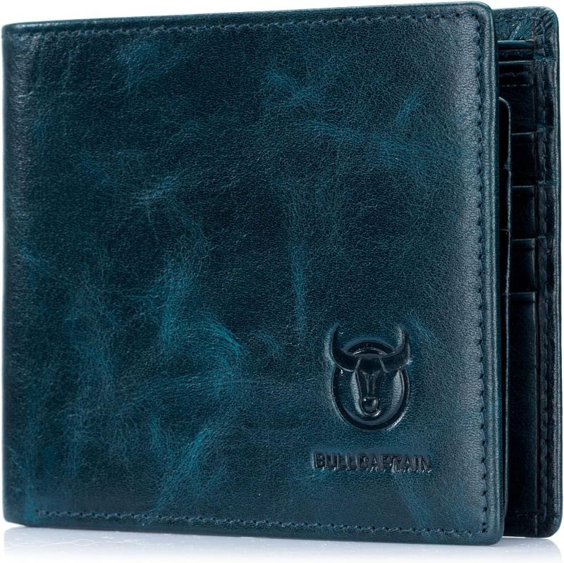 Photo 1 of BULLCAPTAIN RFID Wallets for Men Slim Bifold Genuine Leather Front Pocket Wallet with 2 ID Windows QB-05 (Peacock Blue)