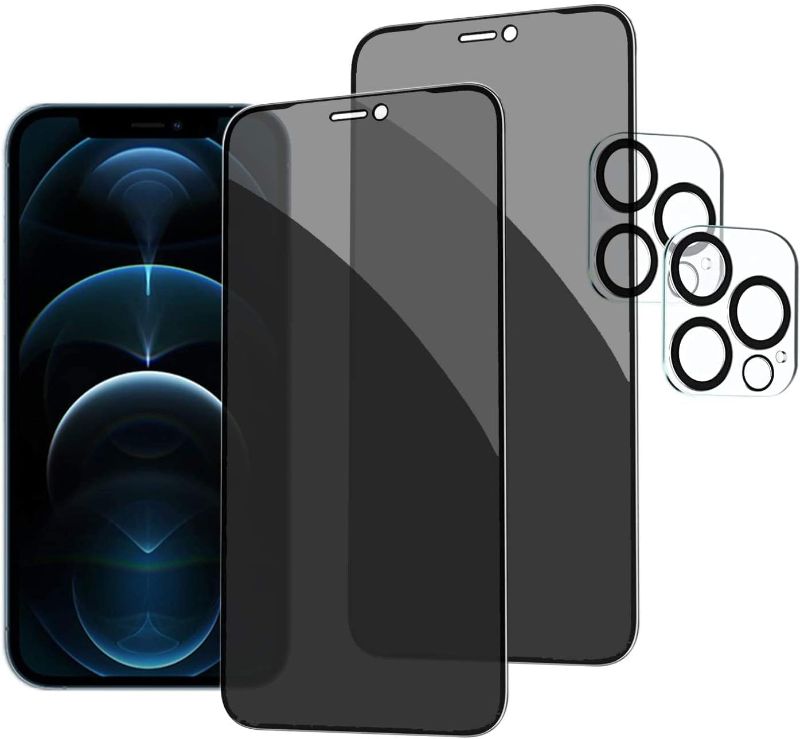 Photo 1 of 2+2 Pack] iPhone 12 Pro Max Privacy Screen Protector with Camera Lens Protector Full Coverage Anti-Spy Tempered Glass Film 9H Hardness Upgrade Edge Protection Easy Installation Bubble Free