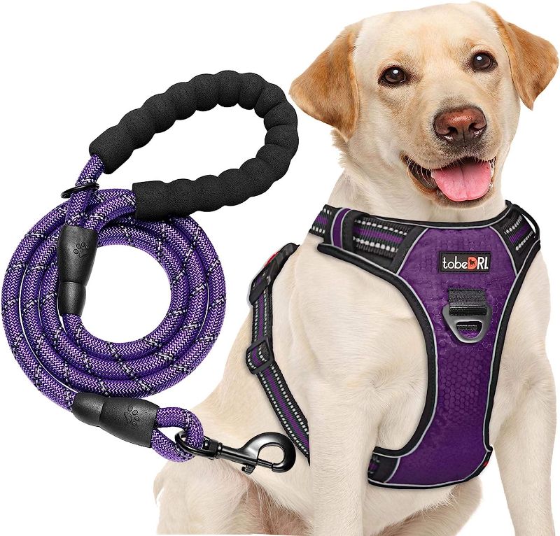 Photo 1 of tobeDRI No Pull Dog Harness Adjustable Reflective Oxford Easy Control Medium Large Harness with A Free Heavy Duty 5ft Leash (L (Neck: 18"-25.5", Chest: 24.5"-33"), Purple)