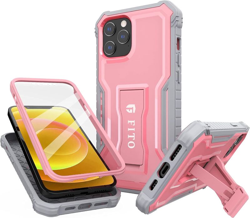 Photo 1 of FITO Case for iPhone 12 & iPhone 12 Pro, Dual Layer Shockproof Heavy Duty Case with Screen Protector, Built-in Kickstand (Pink, 6.1 inch)