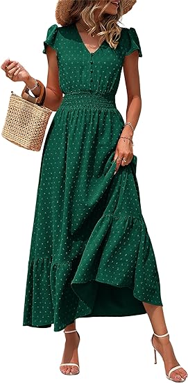 Photo 1 of PRETTYGARDEN Womens Boho Short Sleeve V Neck Swiss Dot Ruffle Tiered Smocked Long Cocktail Dress