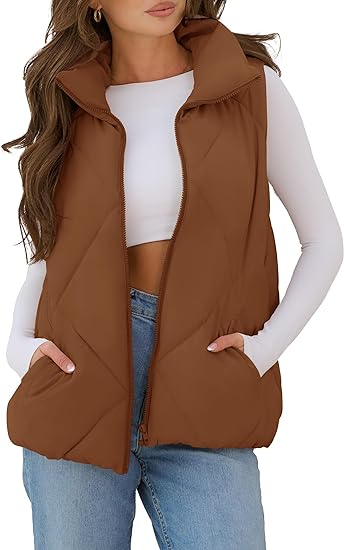 Photo 1 of MEROKEETY Womens 2024 Puffer Vest Sleeveless Zip Up Quilted Coat Stand Collar Gilet Jacket With Pockets L