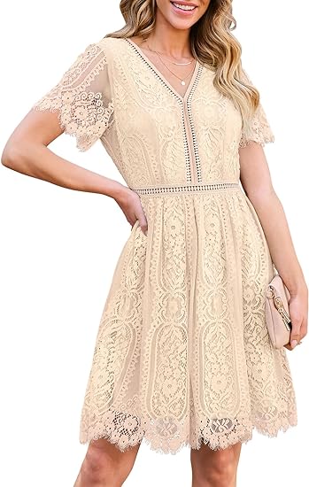 Photo 1 of MEROKEETY Women's V Neck Floral Lace Wedding Dress Short Sleeve Cocktail Party Dress 2XL