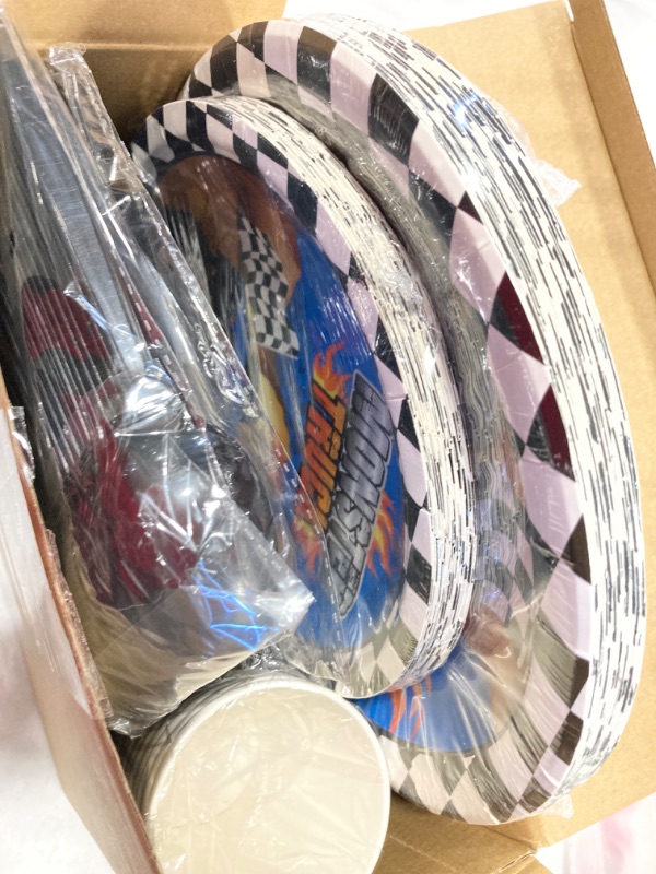 Photo 1 of 195 Pieces Monster Trucks Birthday Party Supplies,Includes Happy Birthday Banner,Tablecloth,Plates,Paper Cups,Napkins,Knives,Forks Tableware Set Serves 24 for Monster Truck Themed Party Decorations