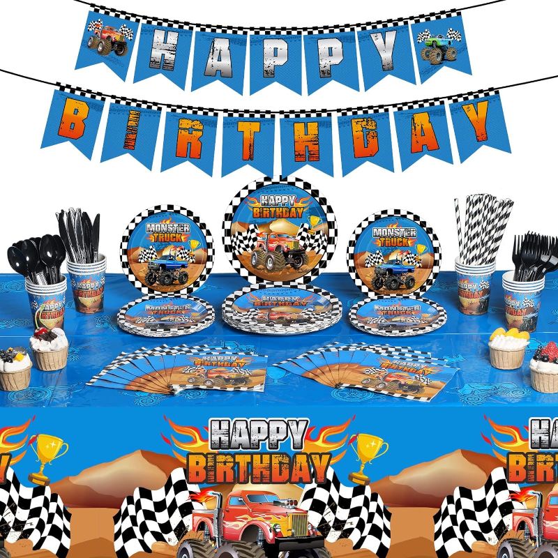 Photo 1 of 195 Pieces Monster Trucks Birthday Party Supplies,Includes Happy Birthday Banner,Tablecloth,Plates,Paper Cups,Napkins,Knives,Forks Tableware Set Serves 24 for Monster Truck Themed Party Decorations