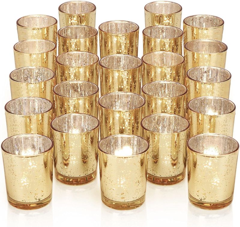 Photo 1 of Gold Tea Lights Candles Holders for Wedding Centerpieces, Votive Candle Holders for Party Home Wedding Shower Decorations, Table - Mercury Glass Votives, 12Pcs
