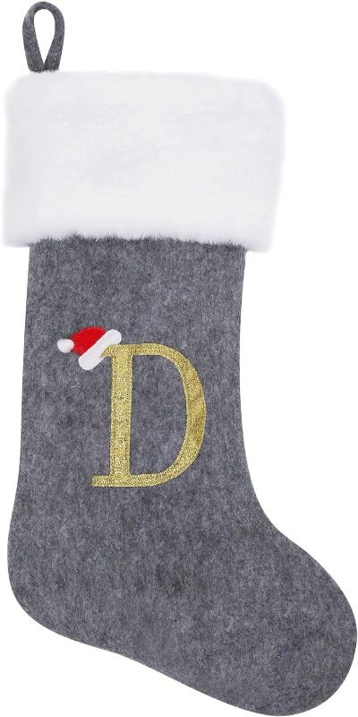 Photo 1 of 20 Inches Grey with White Super Soft Plush Christmas Stockings Personalized Embroidered Monogrammed Xmas Stocking Hanging Ornaments for Family Holiday Xmas Party Decorations?Letter D? 