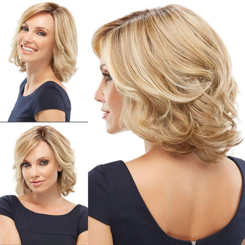 Photo 1 of Short Blonde Curly Bob Wigs for Women Shoulder Length Curly Wavy Wig with Layered Dark Roots Synthetic Natural Looking Hair Wig for Daily Use