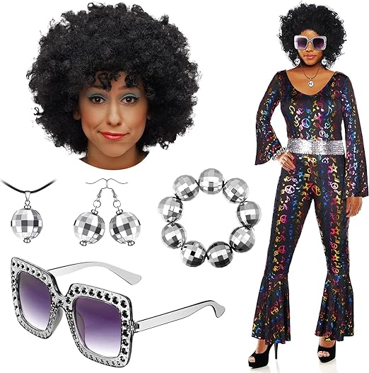 Photo 1 of Hillban 6 Pcs Carnival 70s Women's Disco Costume Disco Outfit Afro Wig Disco Ball Earrings Necklace Bracelet Sunglasses