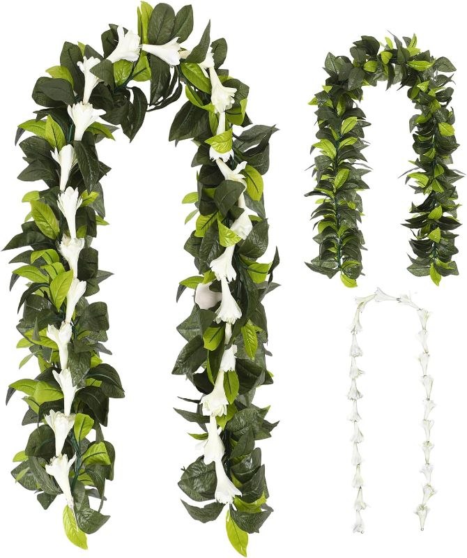 Photo 1 of 2 Pack Hawaiian Luau Maile Lei and Tuberose Lei Hawaiian Maile Lei with White Tuberose Artificial Graduation Lei Green Leaves Tuberose Lei for Wedding Hawaiian Graduation Party, 4.9ft