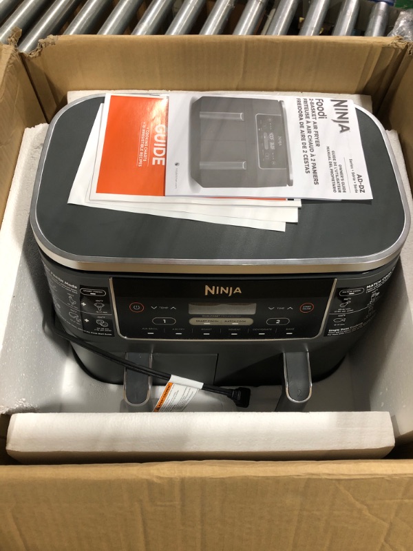 Photo 3 of **FOR PARTS**Ninja DZ201 Foodi 8 Quart 6-in-1 DualZone 2-Basket Air Fryer with 2 Independent Frying Baskets, Match Cook & Smart Finish to Roast, Broil, Dehydrate & More for Quick, Easy Meals, Grey