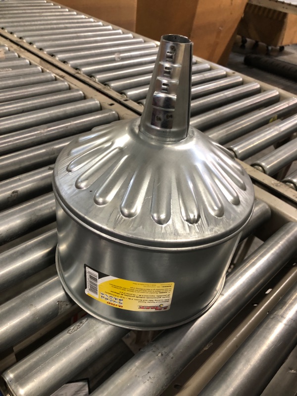 Photo 3 of LUMAX LX-1708T Silver 8 Quart Galvanized Tractor Funnel with Locking Tabs and Removable Stainless Steel Screen. Heavy-Duty Construction for Rugged use. Has a Fluted Bottom to Prevent Swirling.