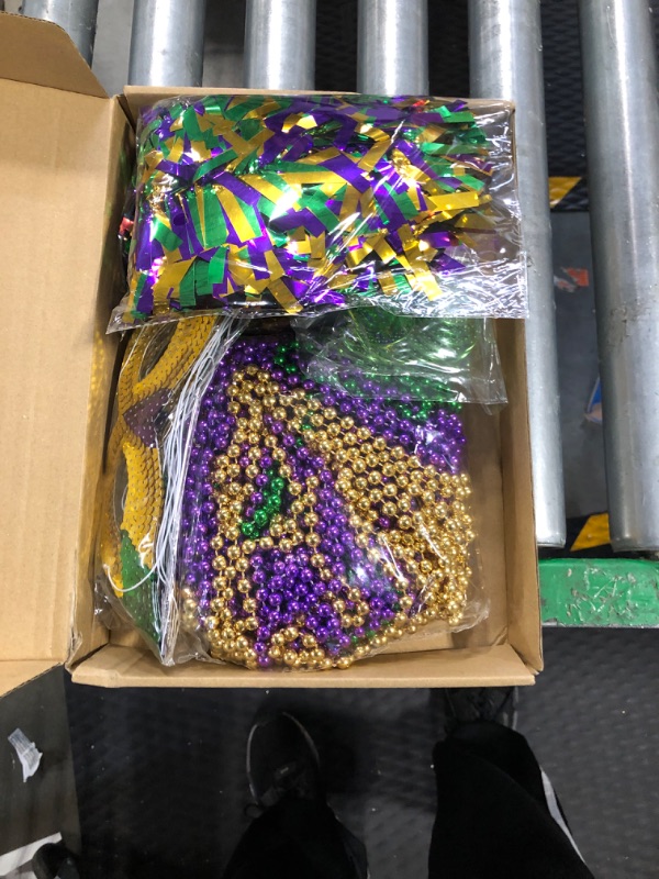 Photo 3 of Chivao 110 Pcs Mardi Gras Party Supplies Set Include 33 inch Mardi Gras Beads Necklace, Sequin Mardi Gras Face Mask Plastic Coins Tinsel Garland for Mardi Gras Party Favor Masquerade Costume Accessory