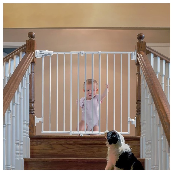 Photo 1 of Babelio 26-43" No Bottom Bar Baby Gate for Babies, Elders and Pets, 2-in-1 Hardware Mount Dog Gate for The House, Stairs and Doorways, Safety Pet Gates with Large Walk Thru Door, White