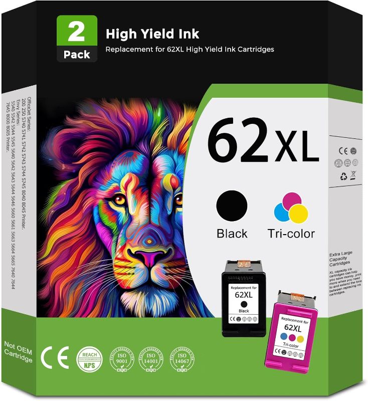Photo 1 of Relcolor Remanufactured Ink Cartridge Replacement for HP 62XL 62 XL Black Color Combo to 5540 5542 5545 5640 5642 5660 5664 5665 7640 7645 8000 200 250 5740...