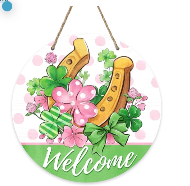 Photo 1 of Bolisom Welcome St. Patrick's Day Horseshoe Front Door Sign, Pink Shamrock Clover Wood Door Hanger Outdoor Outside Porch Decor, Polka Dot Irish Wooden Wreath Indoor Wall Hanging Decoration