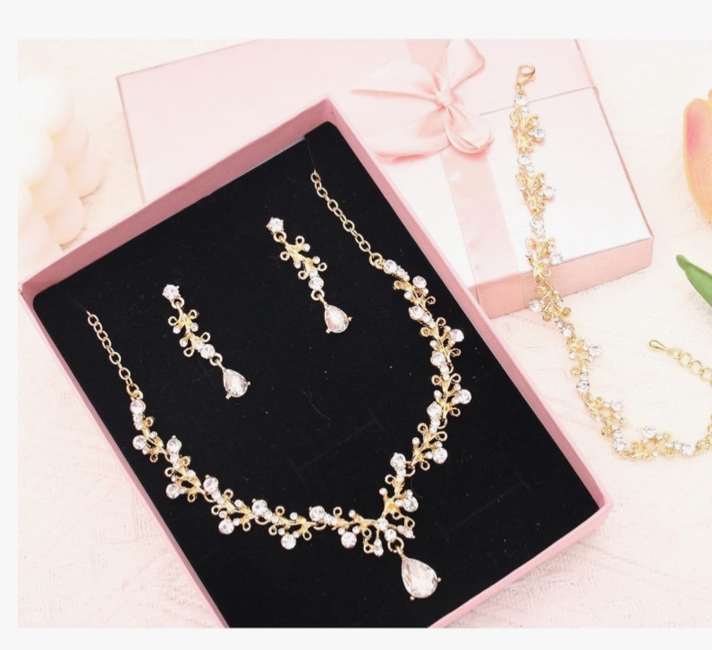Photo 1 of 3Pcs Austrian Crystal Jewelry Set for Women, Necklace Dangle Earrings Link Bracelet Jewelry Set with Gold/Platinum/Gun Plated, Wedding Party Jewelry for Bridal Bridesmaid