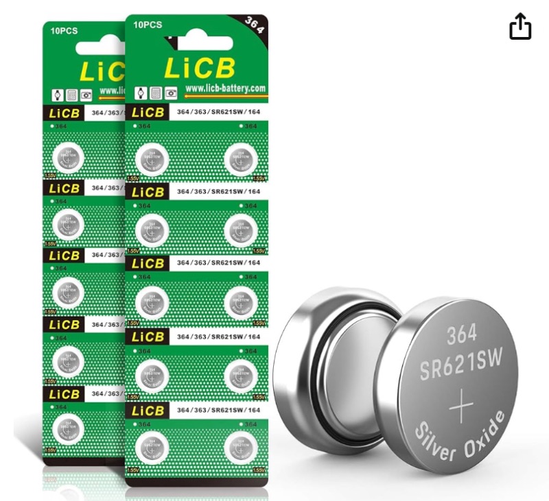 Photo 1 of LiCB 20 Pack SR621SW 364 164 363 AG1 Battery 1.5V Button Cell Watch Batteries