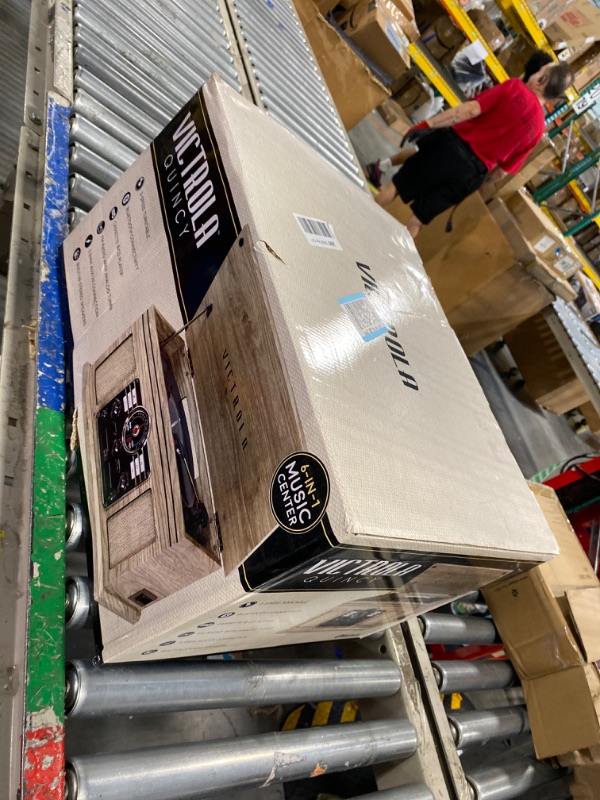 Photo 1 of Victrola Nostalgic 6-in-1 Bluetooth Record Player & Multimedia Center with Built-in Speakers - 3-Speed Turntable, CD & Cassette Player, AM/FM Radio | Wireless Music Streaming White (VA-30-WHT) Farmhouse Oatmeal Entertainment Center + Stand Turntable White