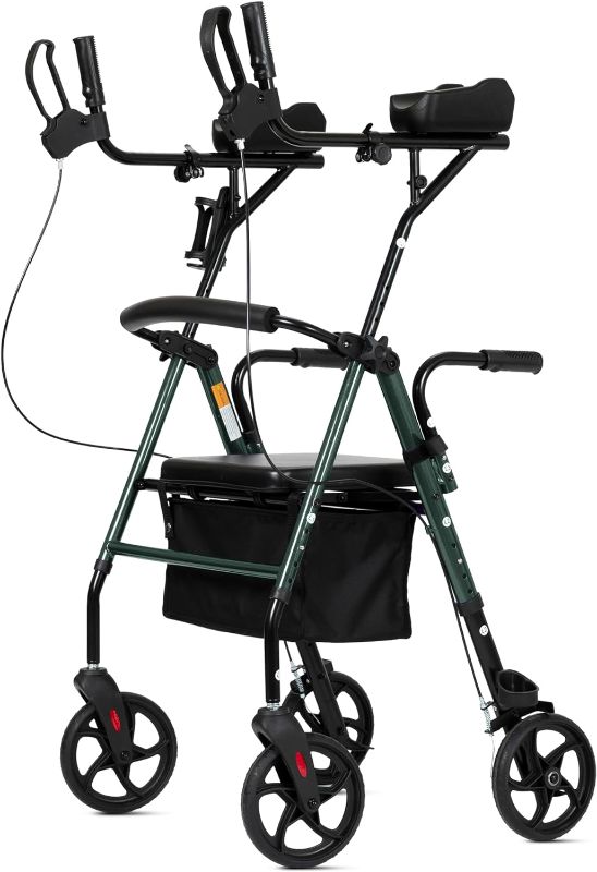 Photo 1 of ELENKER Upright Walker, Stand Up Rollator Walker with Padded Seat and Backrest, Compact Folding, Fully Adjustment Frame for Seniors, Green