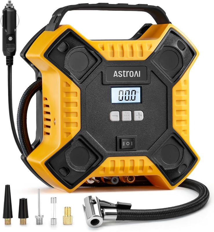 Photo 1 of AstroAI Tire Inflator Air Compressor Portable Air Pump for Car Tires, 12V DC Integrated Metal Structure Tire Pump 160PSI with LED Light for Cars, Bicycles, Motorcycles-Yellow
