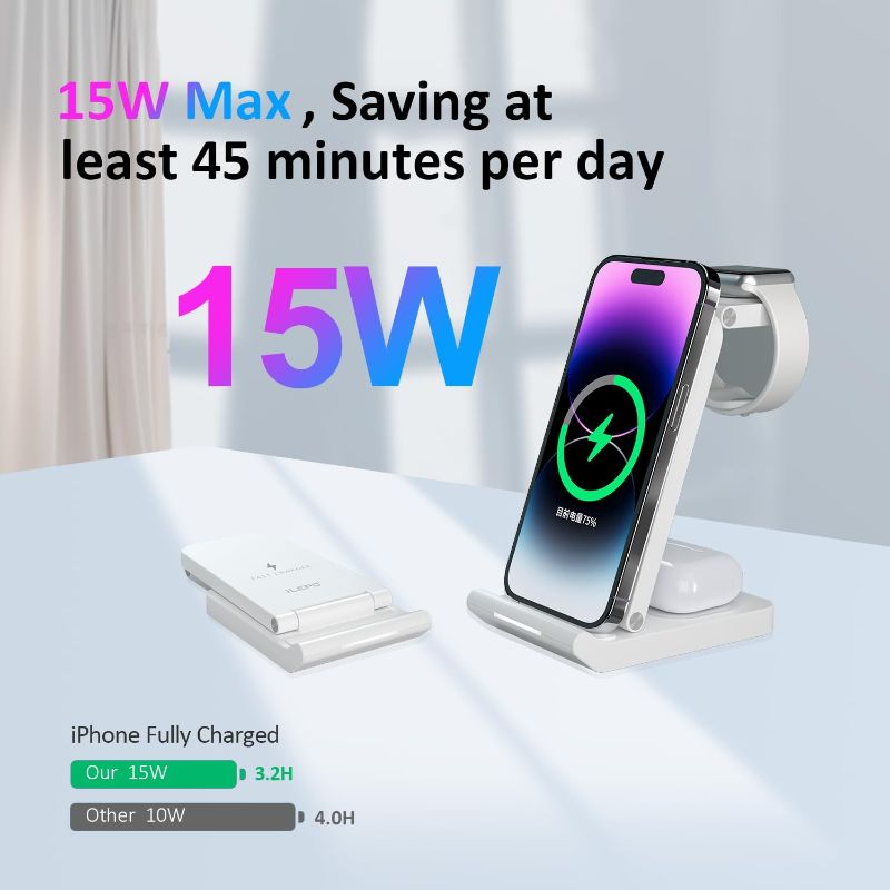 Photo 1 of ?3 in 1? Wireless Charger, Portable Wireless Charging Station, 15W Qi Fast Charge, iPhone Charger for iPhone 15/14/13/12/11/X/Samsung/Apple Watch AirPods and Android Phones etc