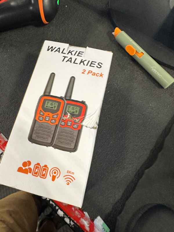 Photo 3 of Walkie Talkies, MOICO Long Range Walkie Talkies for Adults with 22 FRS Channels, Family Walkie Talkie with LED Flashlight VOX LCD Display for Hiking Camping Trip (Orange 2 Pack)