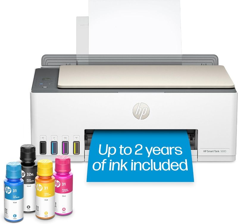 Photo 1 of HP Smart-Tank 5000 Wireless All-in-One Ink-Tank Printer with up to 2 years of ink included, mobile print, scan, copy, white, 17.11 x 14.23 x 6.19
