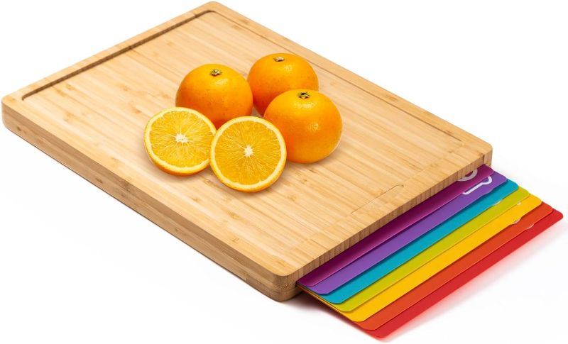 Photo 1 of **MISSING CUTTING MATS** Bamboo Wood Cutting Board Set with 7 Flexible Cutting Mats with Food Icons, Easy to Clean Cutting Boards for Kitchen
