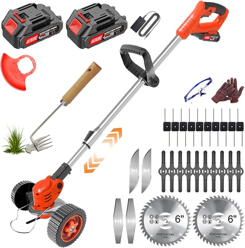 Photo 1 of **FOR PARTS**   Electric Weed Wacker Battery Operated, 21V Weed Eater Cordless 2x2.0 2Ah Battery Powered, 3 in 1 Grass Trimmer/Brush Cutter/Lawn Edger with 5 Types 26Pcs Blades Stringless Weed Trimmer for Garden Yard
