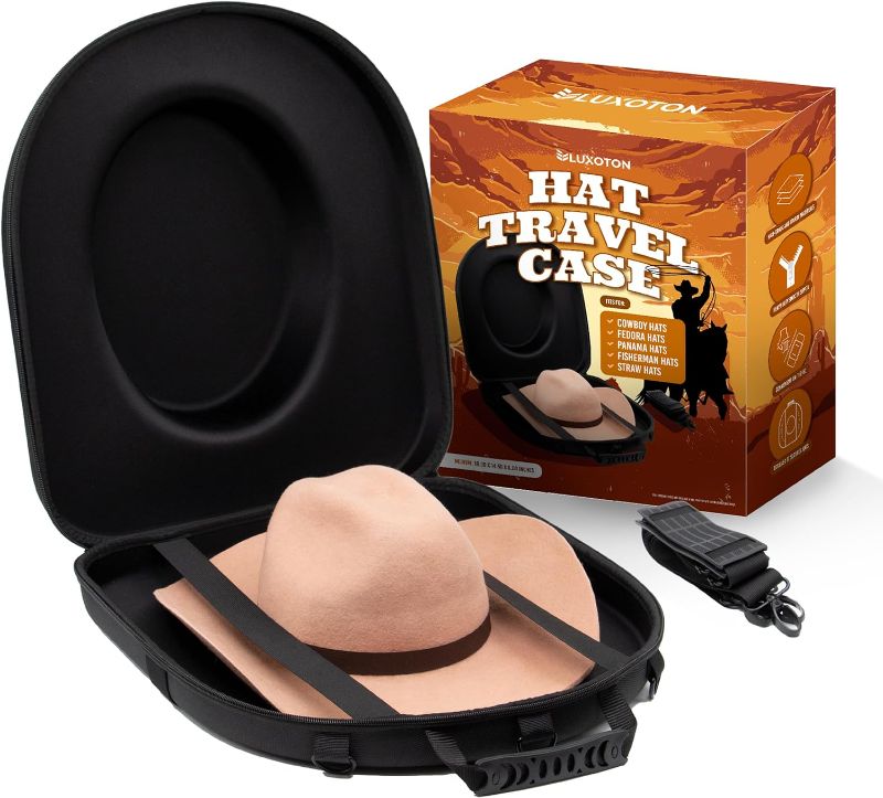 Photo 1 of Cowboy Hat Travel Case - Hat Case for Travel, Cowboy Hat Box Travel, Cowboy Hat Carrier Case for Travel, Cowboy Hat Holder for Travel - Includes Carrying Handle, Shoulder Strap, Luggage Strap - Medium (Hat Not Included)
