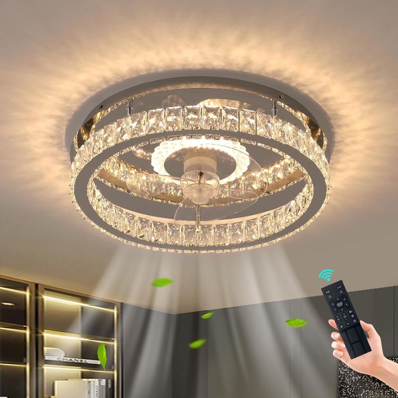 Photo 1 of  Ceiling Fans with Lights Flush Mount Ceiling Fan with Remotel Control Dimmable LED Crystal Low Profile Ceiling Fan Light