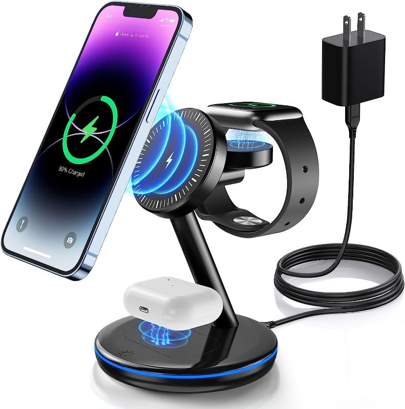 Photo 1 of 3 in 1 Charging Station for Apple Devices 18W Fast Mag-Safe Charger Stand Magnetic Wireless Charger Station for iPhone 15 14 13 12 Pro/Pro Max/Plus/Mini AirPods 2/3/Pro iWatch Ultra/8/7/SE/6/5/4/3/2
