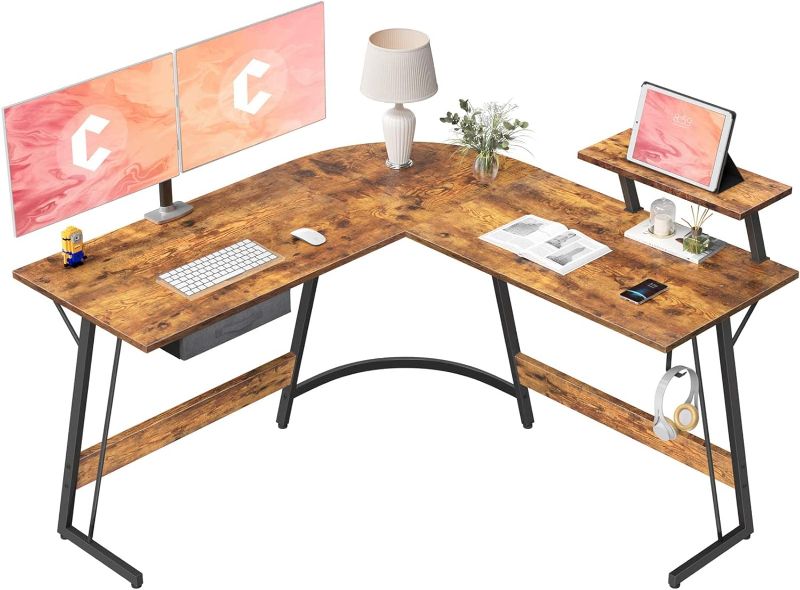 Photo 1 of CubiCubi L Shaped Desk, Computer Corner Gaming Desk with Large Monitor Stand, 51.2" Home Office Writing Table, Workstation with Storage Drawer, Space-Saving, Walnut