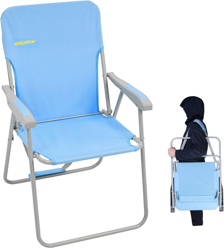 Photo 1 of #WEJOY Folding Beach Chair for Adults, Lightweight Beach Chair with Shoulder Straps, High Back Beach Chairs with Hard Armrest, Supports 300lbs for Beach Lawn Concert, Cyan
