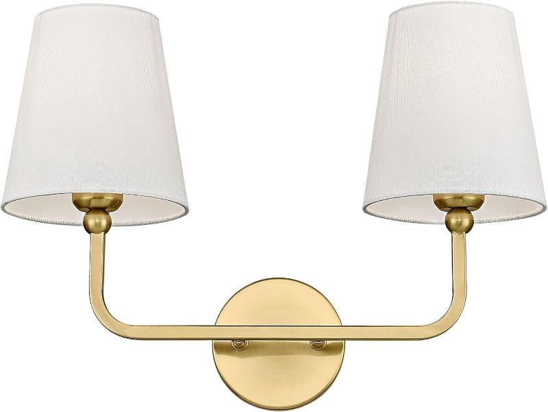 Photo 1 of 2 Light Bathroom Vanity Light, Brushed Gold Double Wall Sconce with Flared White Fabric Shade, Modern Sconces Wall Lighting for Hallway Bedroom Stairway, VL837-B