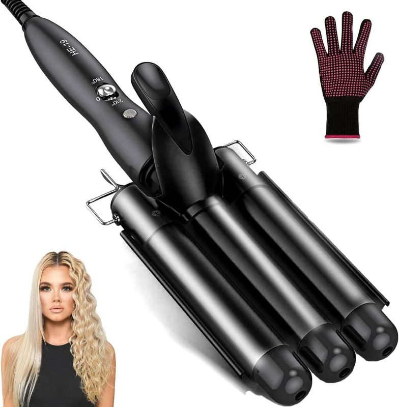 Photo 1 of Hair Crimper 1 Inch, 25mm 3 Barrel Curling Iron Hair Waver, Temperature Adjustable Heat Up Quickly Beach Wave Curling Iron Curling Wand Black