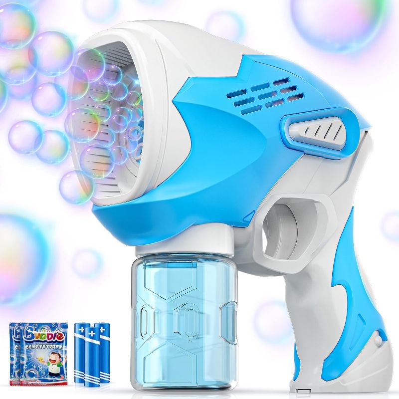 Photo 1 of Boerfmo Bubble Gun - Bubble Machine for Kids - 8 Holes Bubble Wands Blower Blaster with Sticker & LED Light - Bubbles Maker Include Bubble Solution & Batteries - Boys Toys Gifts, for Birthday, Parties Blue