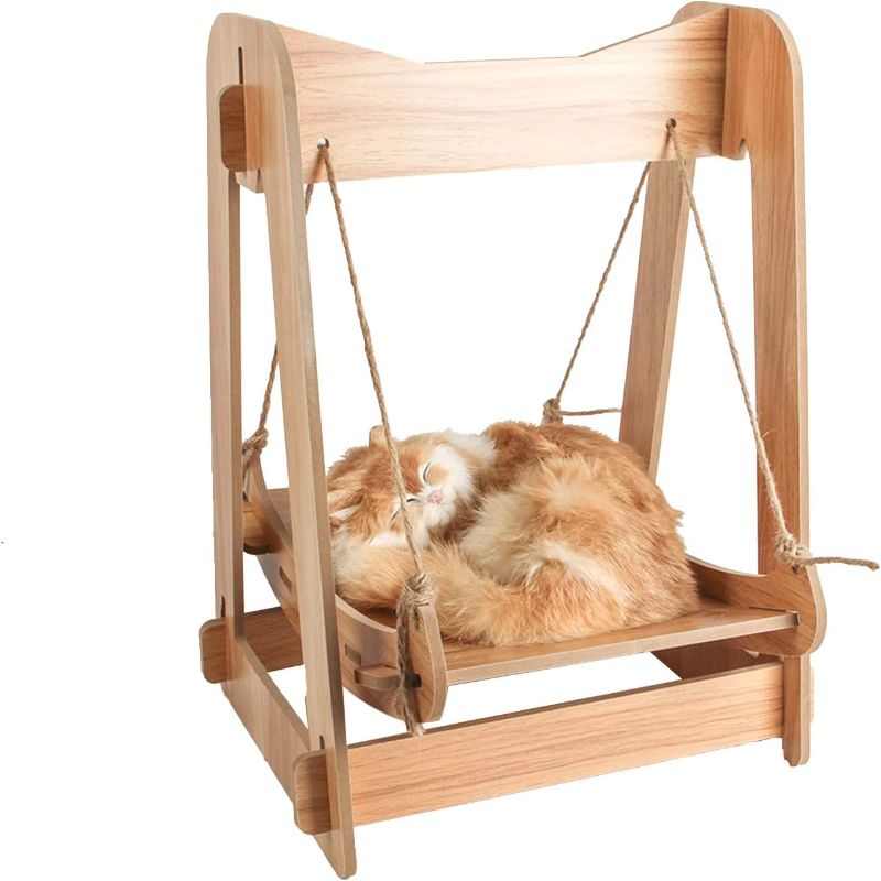 Photo 1 of \Elevated Wooden Frame Cat Dog Hammock Bed,Kitten Pet Standing Swing Toys,Summer Wood Cat Cushion Sofa Bed for Kitty, Puppy, Rabbit, Bunny and Small Animal,Easy to Assemble (Wood)
