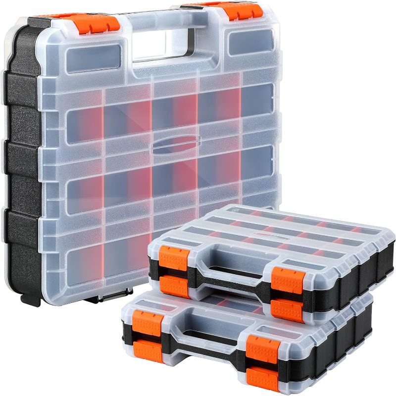 Photo 1 of 3 Pack Double Sided Tool Box Hardware Storage Organizer Small Parts Case Portable Plastic Tackle Container with 34 Removable Dividers for Organizing Screws Nuts Nails Bolts (Orange)