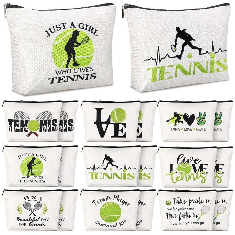 Photo 1 of 18 Pieces Tennis Player Gift Makeup Bag Christmas Inspirational Cosmetic Bags Tennis Zipper Cosmetic Bags Travel Pouches for Coach Friend Women Girl Sister Daughter Gift, 9.8 x 7.5 inches