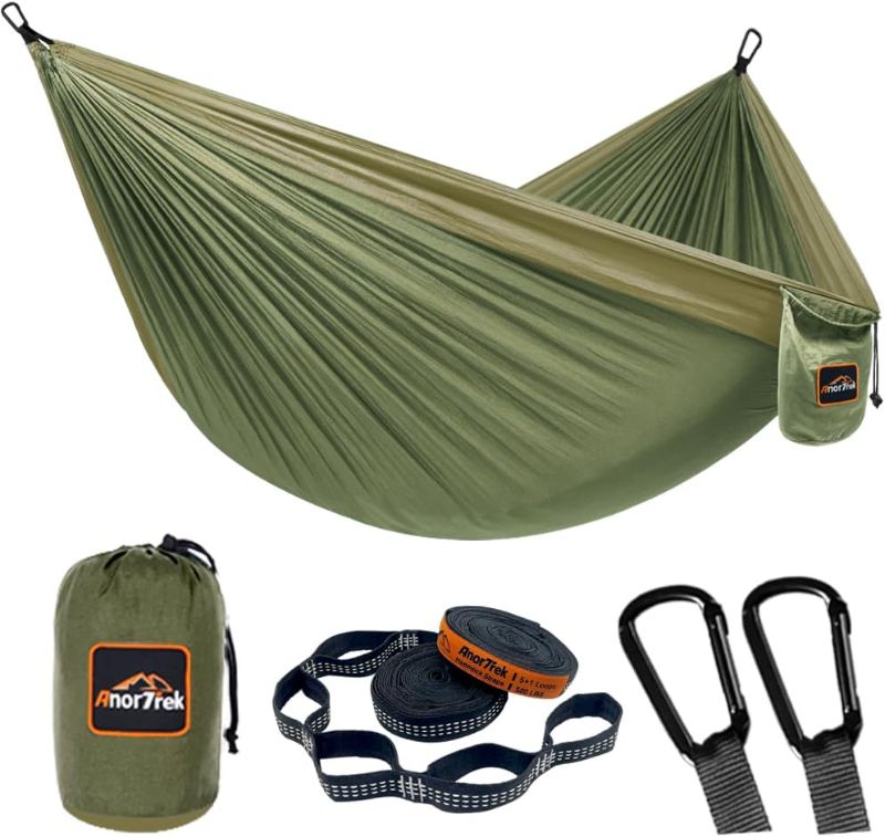 Photo 1 of AnorTrek Camping Hammock, Super Lightweight Portable Parachute Hammock with Two Tree Straps Single or Double Nylon Travel Tree Hammocks for Camping Backpacking Hiking