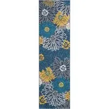 Photo 1 of 2 X 8 (ft) Blue Indoor Floral Runner Rug