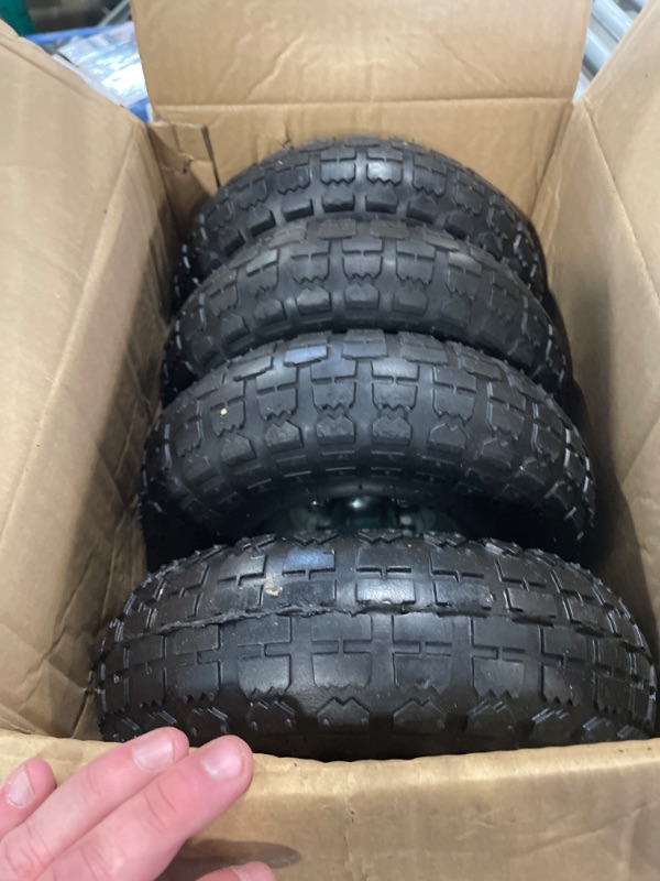 Photo 2 of 4 PCS 10" Solid Flat Free 4.10/3.50-4 Rubber Tires and Wheels Replacement with 5/8'' Axle Bore Hole, Air less Wheel for Wheelbarrow/Wagon/Trolley/Lawn Mowers/Generators/Snow Blowers etc. 10x350-4PU-bigF-4packs