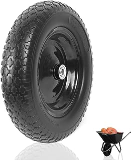 Photo 1 of 4.80/4.00-8" Flat Free Tire Wheelbarrow Tire with 3/4" & 5/8" Wheel Bearing 3" Hub 13"-16" Universal Fit Air Less Tire Solid Wheelbarrow Tire for Garden Cart Wagon Ribbed Tread Foamed 1 Black+Black