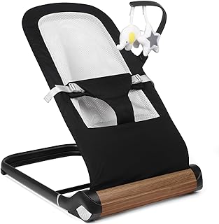 Photo 1 of Baby Bouncer Seat for Infants with Wood Accents - Newborn Bouncer for Babies 0-6 Months Up to 20 lbs - Portable Infant Bouncer - Baby Bouncer Chair - Bouncy Infant Seat with Removable Bar