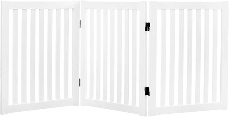 Photo 1 of  WELLAND Wooden Freestanding Pet Gate, 24 Inch 3 Panel Step Over Fence, Expands Up to 60" Wide, Foldable Indoor Dog Gate Puppy Safety Fence, White