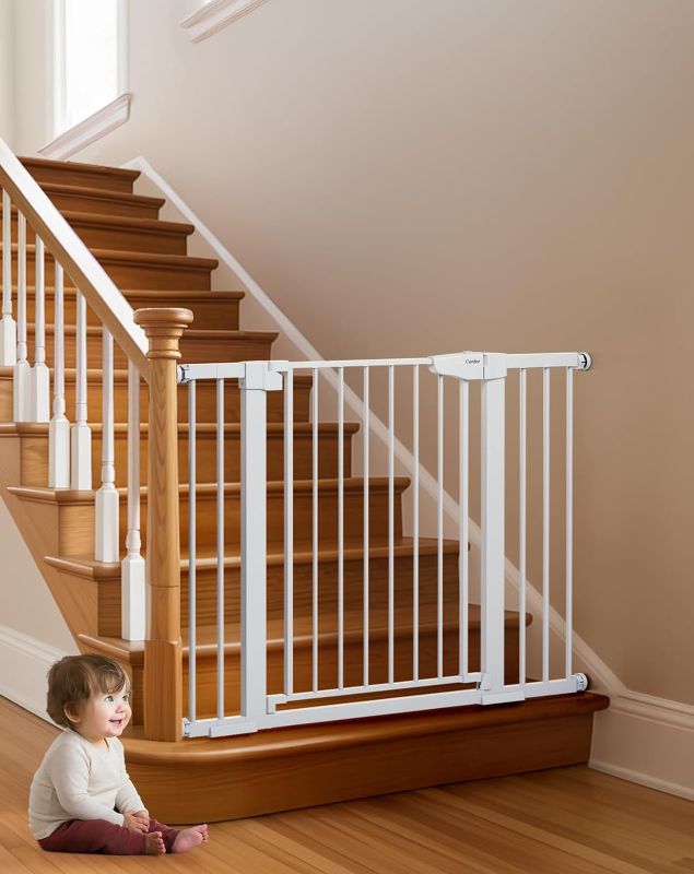 Photo 1 of Cumbor 29.7-46" Baby Gate for Stairs, Mom's Choice Awards Winner-Auto Close Dog Gate for the House, Easy Install Pressure Mounted Pet Gates for Doorways, Easy Walk Thru Wide Safety Gate for Dog, White